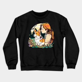 Corgi & Girl Funny Pembroke Welsh Corgi Retro Dog Lover Crewneck Sweatshirt